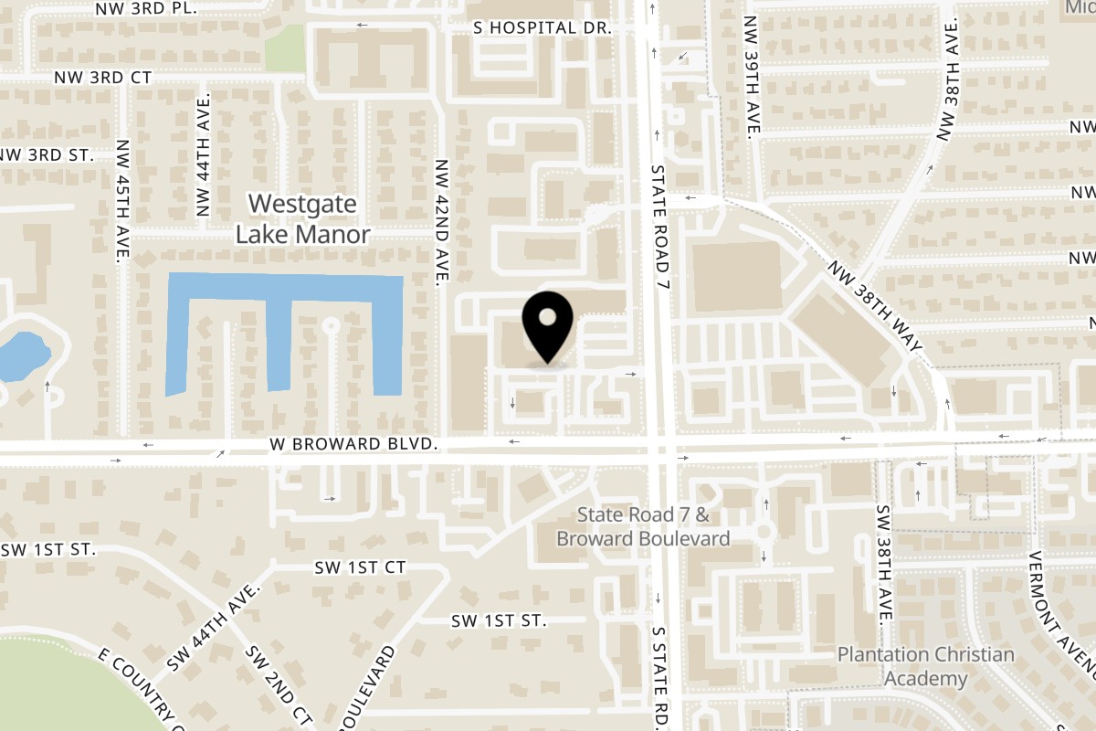 Map showing the location of Sak Pase Kitchen on 105 North State Road 7 in Plantation